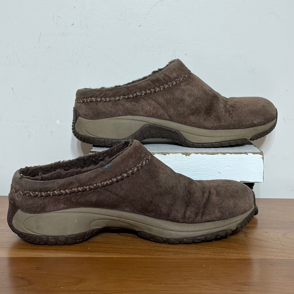 Merrell Encore Ice Brown Suede Faux Fur Lined Clogs Mules Womens Size 6.5
